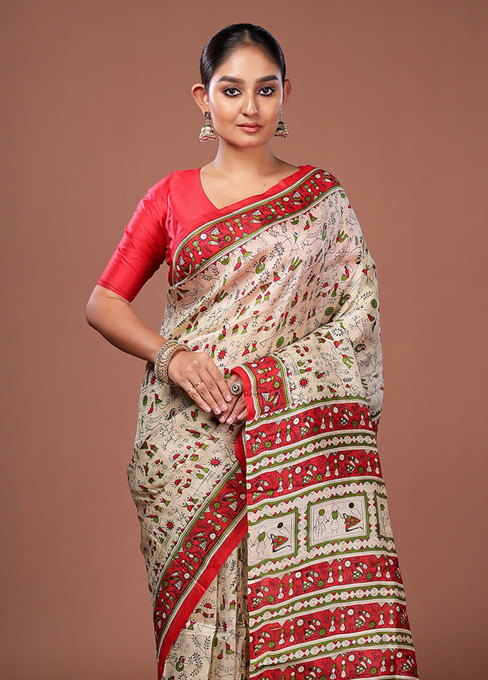 Cream Printed Pure Silk Saree Without Blouse Piece