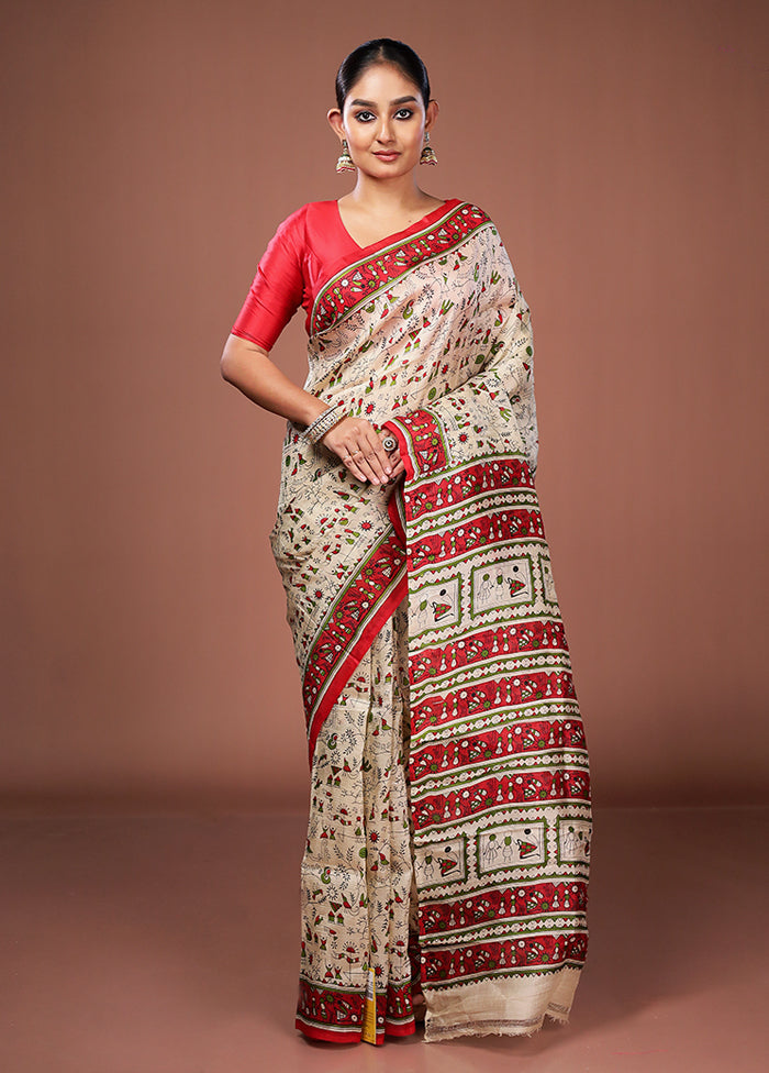Cream Printed Pure Silk Saree Without Blouse Piece