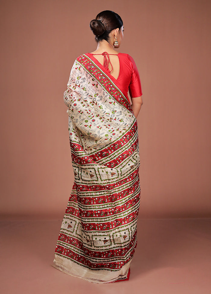 Cream Printed Pure Silk Saree Without Blouse Piece