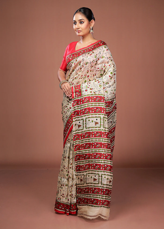 Cream Printed Pure Silk Saree Without Blouse Piece