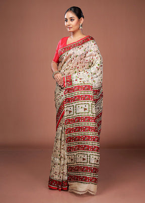 Cream Printed Pure Silk Saree Without Blouse Piece