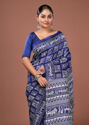 Blue Printed Pure Silk Saree Without Blouse Piece