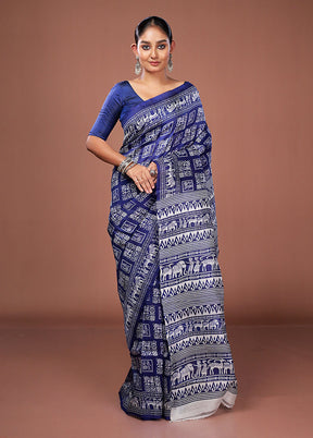 Blue Printed Pure Silk Saree Without Blouse Piece