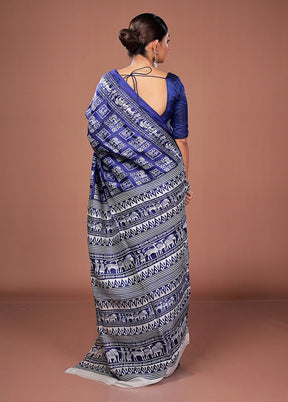 Blue Printed Pure Silk Saree Without Blouse Piece