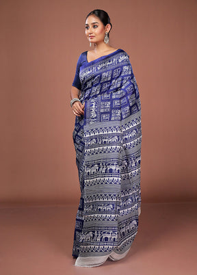 Blue Printed Pure Silk Saree Without Blouse Piece