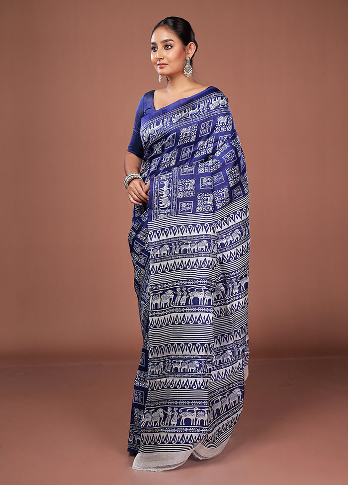 Blue Printed Pure Silk Saree Without Blouse Piece