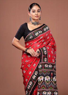 Red Printed Pure Silk Saree Without Blouse Piece