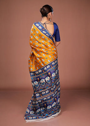Yellow Printed Pure Silk Saree Without Blouse Piece
