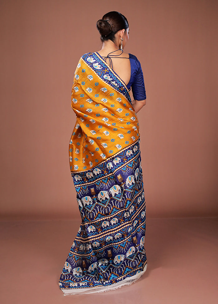Yellow Printed Pure Silk Saree Without Blouse Piece