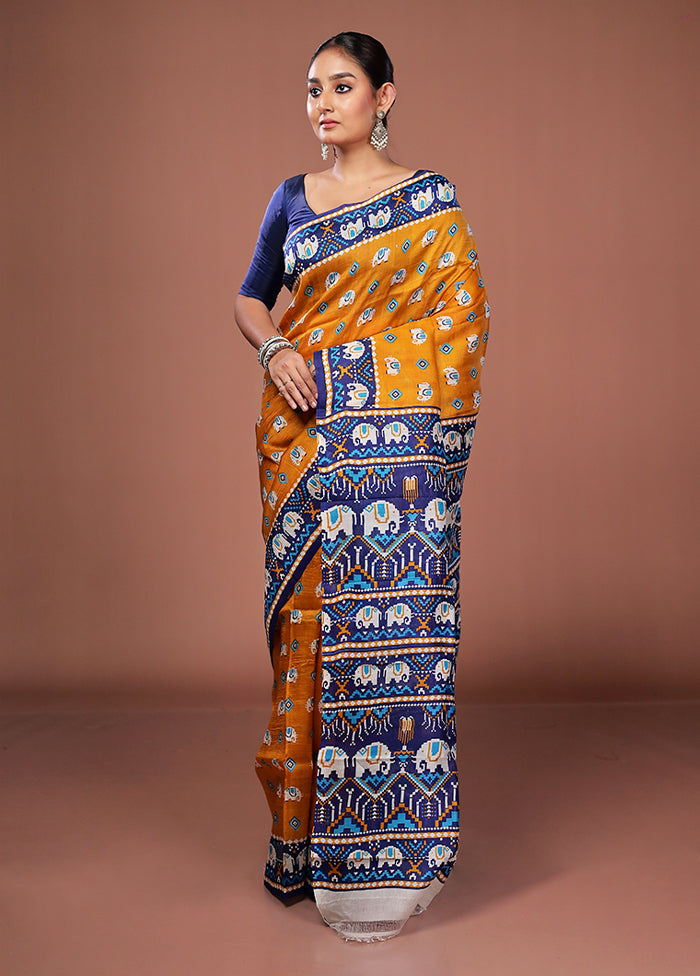 Yellow Printed Pure Silk Saree Without Blouse Piece