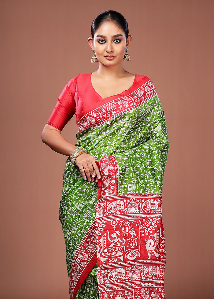 Green Printed Pure Silk Saree Without Blouse Piece
