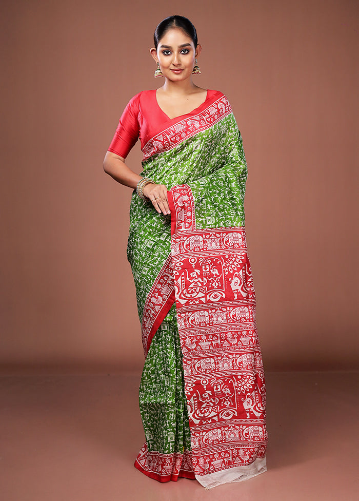 Green Printed Pure Silk Saree Without Blouse Piece