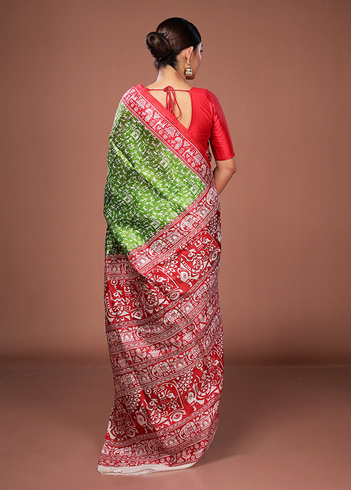 Green Printed Pure Silk Saree Without Blouse Piece