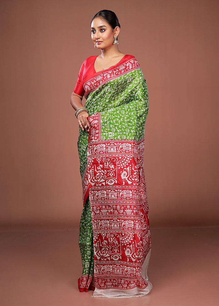 Green Printed Pure Silk Saree Without Blouse Piece