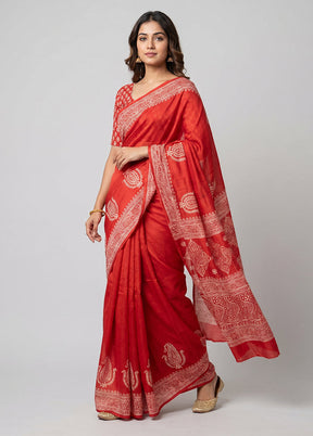 Red Printed Silk Saree Without Blouse Piece
