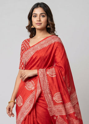 Red Printed Silk Saree Without Blouse Piece