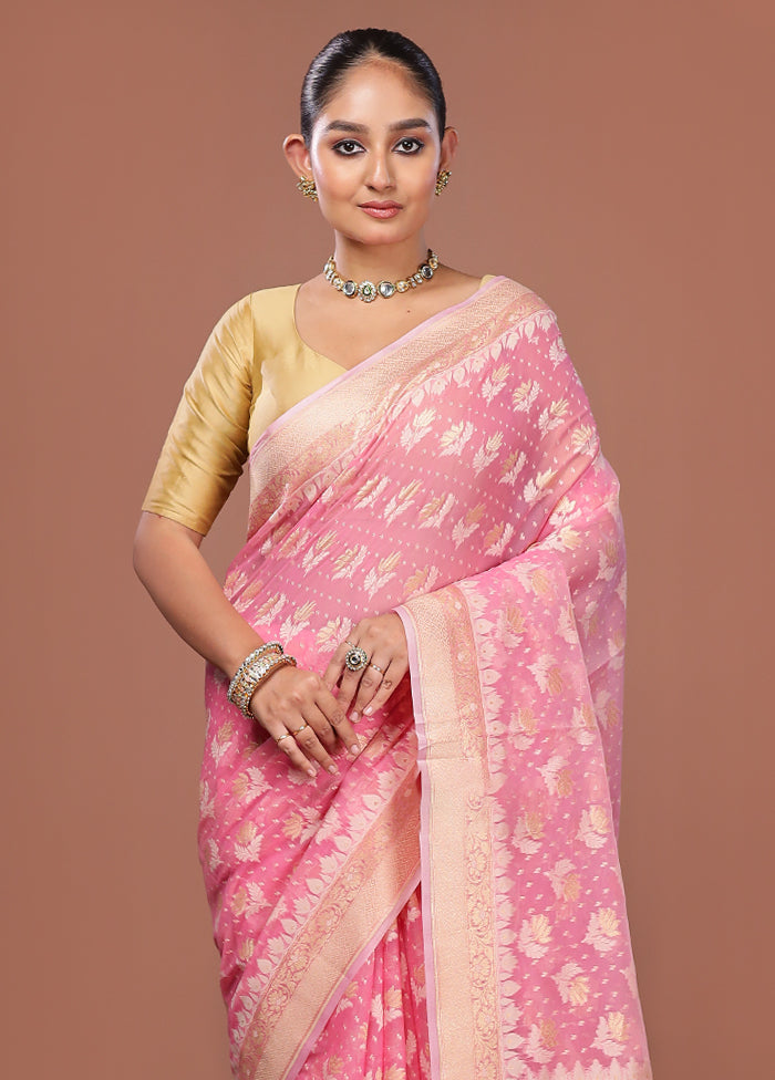 Pink Kora Silk Saree With Blouse Piece