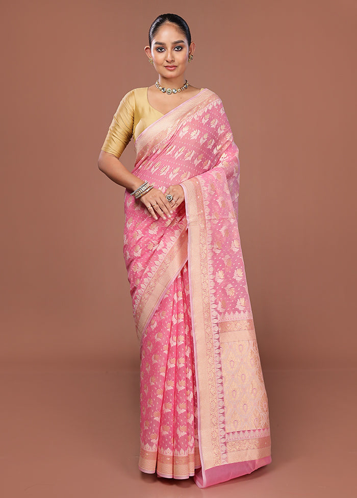 Pink Kora Silk Saree With Blouse Piece