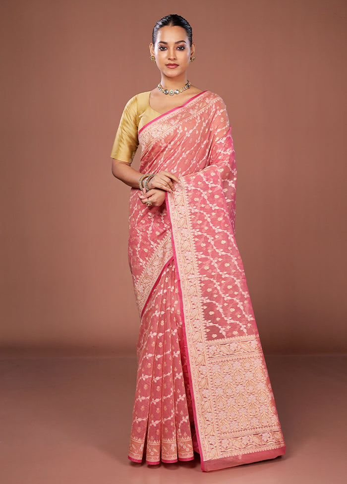 Pink Kora Silk Saree With Blouse Piece