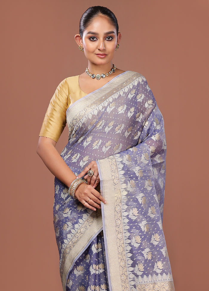 Blue Kora Silk Saree With Blouse Piece