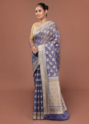 Blue Kora Silk Saree With Blouse Piece