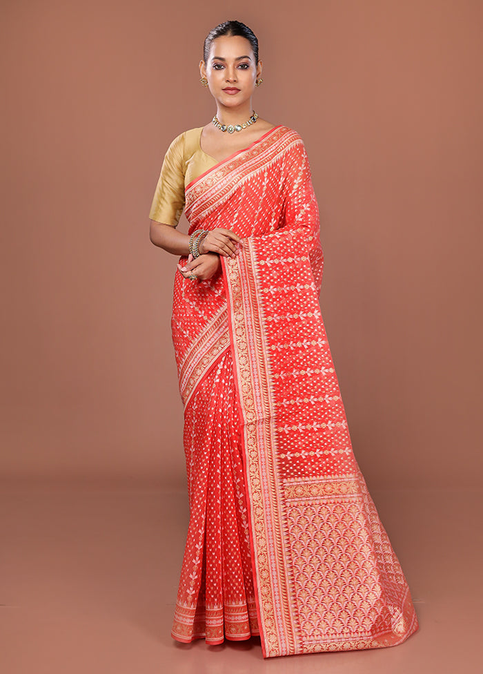 Red Kora Silk Saree With Blouse Piece