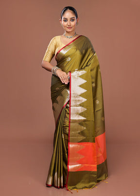 Green Dupion Silk Saree With Blouse Piece