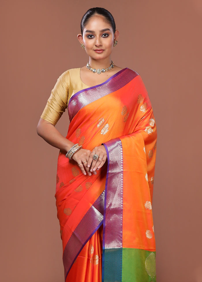 Orange Dupion Silk Saree With Blouse Piece