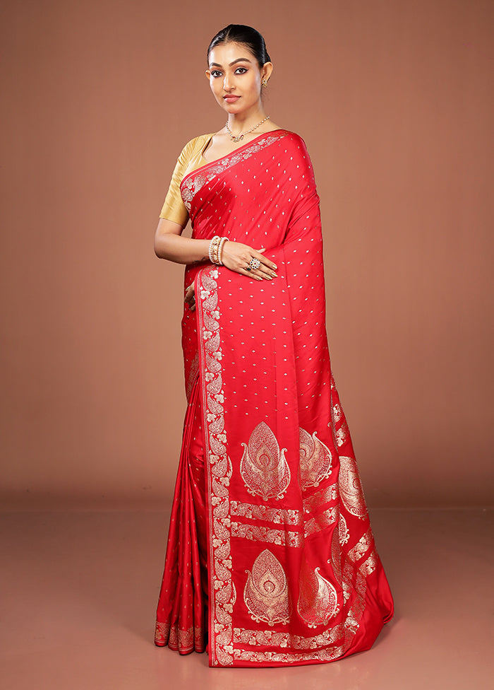 Red Banarasi Silk Saree With Blouse Piece