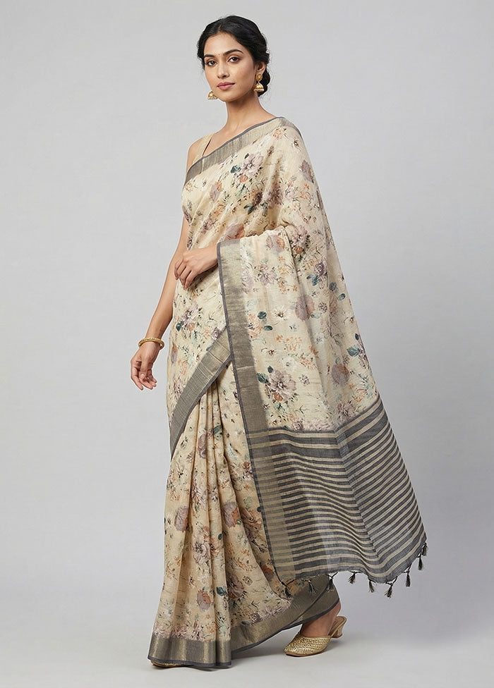Cream Tussar Silk Saree With Blouse Piece