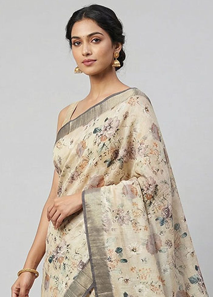 Cream Tussar Silk Saree With Blouse Piece