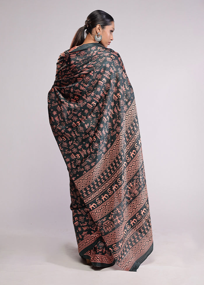 Green Printed Silk Saree Without Blouse Piece