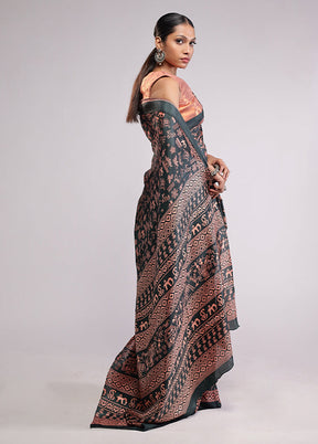 Green Printed Silk Saree Without Blouse Piece