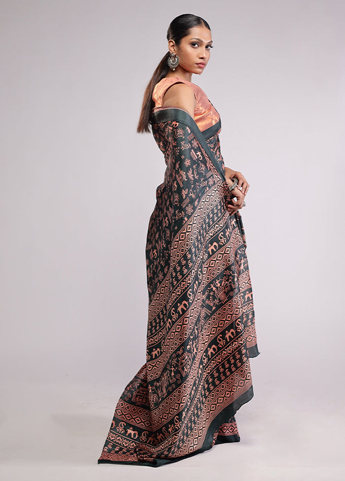 Green Printed Silk Saree Without Blouse Piece