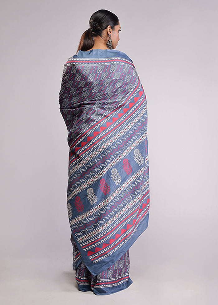 Blue Printed Silk Saree Without Blouse Piece