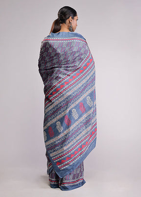 Blue Printed Silk Saree Without Blouse Piece