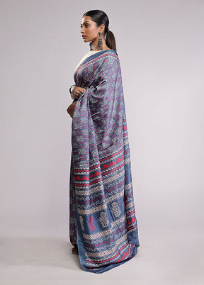 Blue Printed Silk Saree Without Blouse Piece