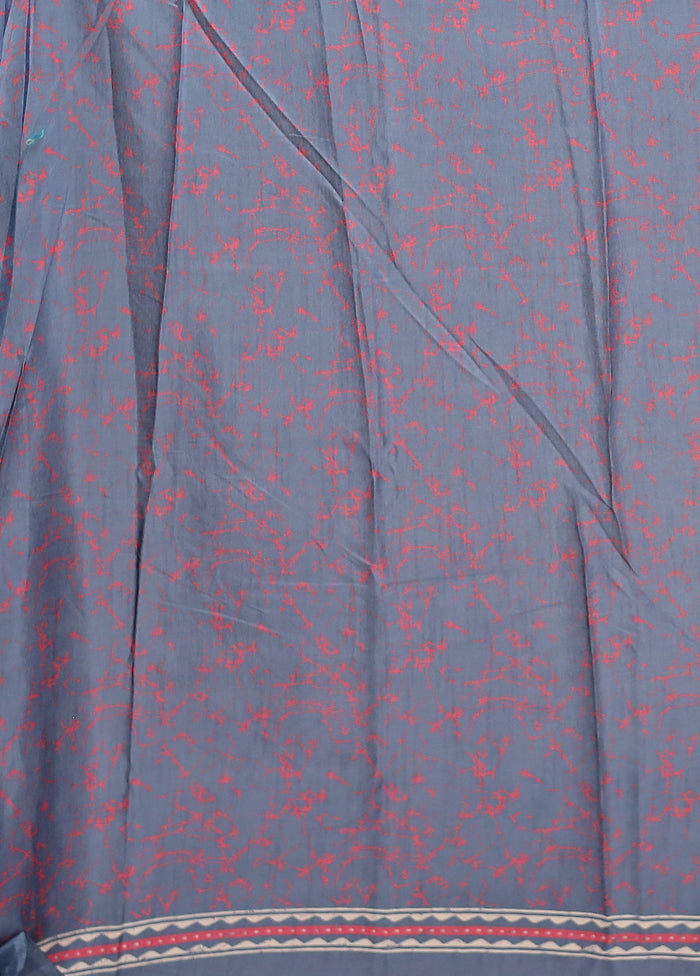 Blue Printed Silk Saree Without Blouse Piece