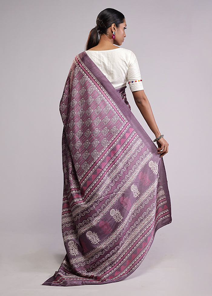 Purple Printed Silk Saree Without Blouse Piece