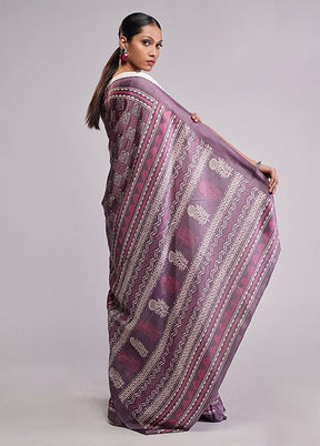 Purple Printed Silk Saree Without Blouse Piece