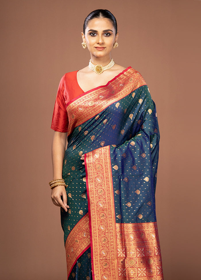 Blue Dupion Silk Saree With Blouse Piece
