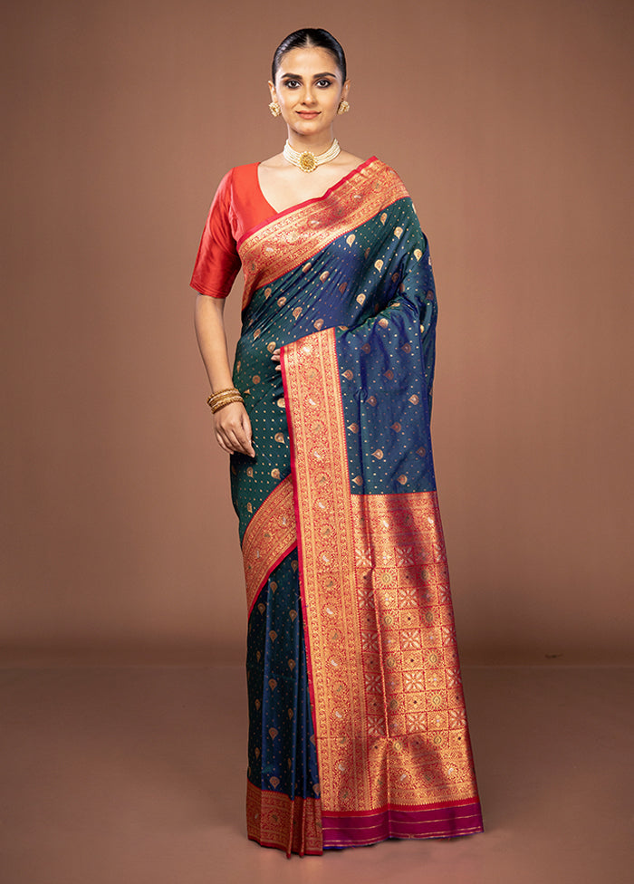 Blue Dupion Silk Saree With Blouse Piece