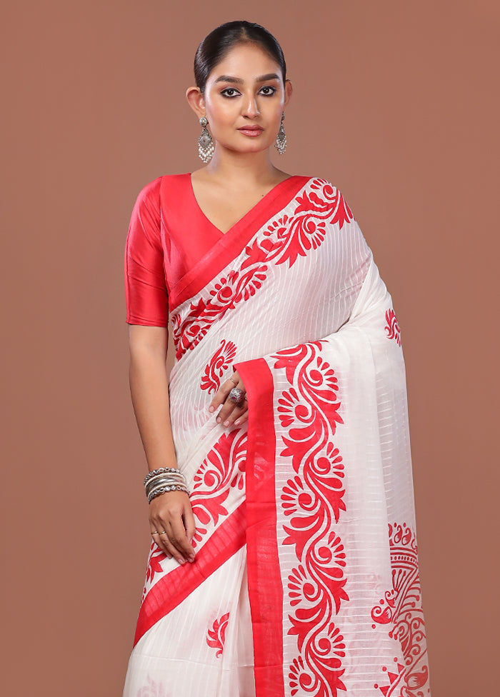White Matka Silk Saree With Blouse Piece