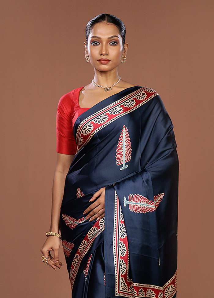 Blue Printed Silk Saree Without Blouse Piece