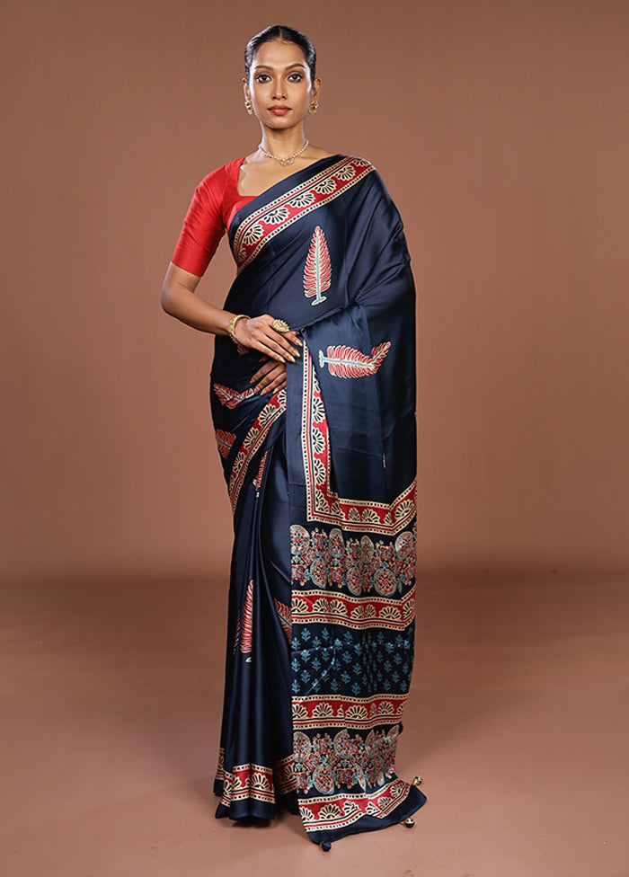 Blue Printed Silk Saree Without Blouse Piece