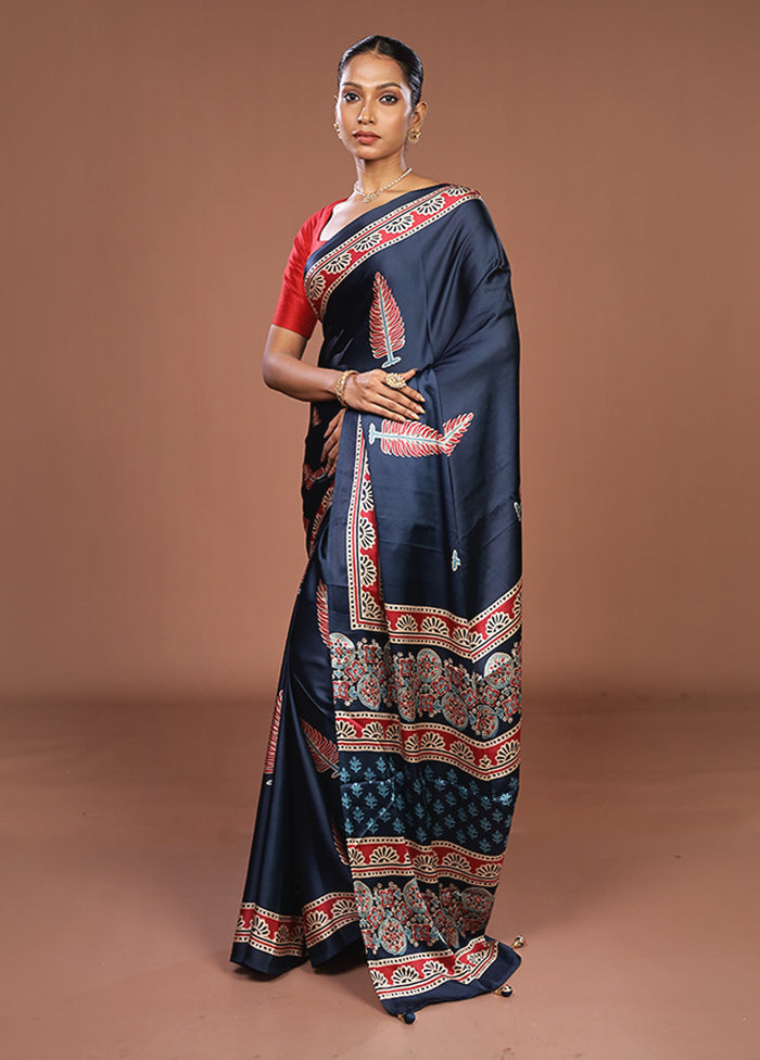 Blue Printed Silk Saree Without Blouse Piece