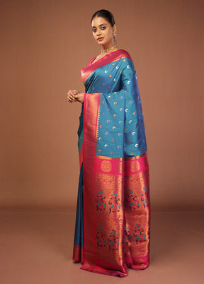 Blue Dupion Silk Saree With Blouse Piece