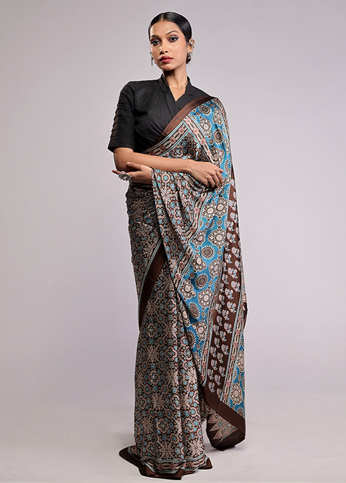 Blue Printed Silk Saree Without Blouse Piece