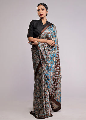Blue Printed Silk Saree Without Blouse Piece