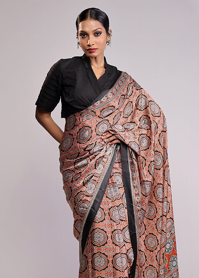 Brown Printed Silk Saree Without Blouse Piece